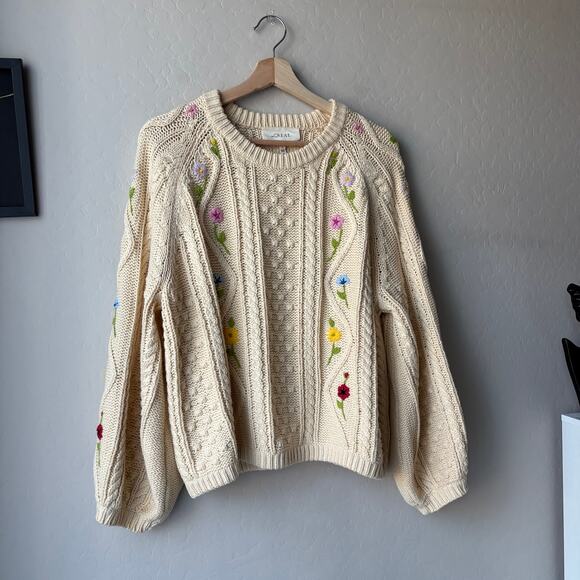 The Great. Sweater Floral Embroidered Cable Knit Pullover Sweater Cream Size 1/S - Picture 3 of 9